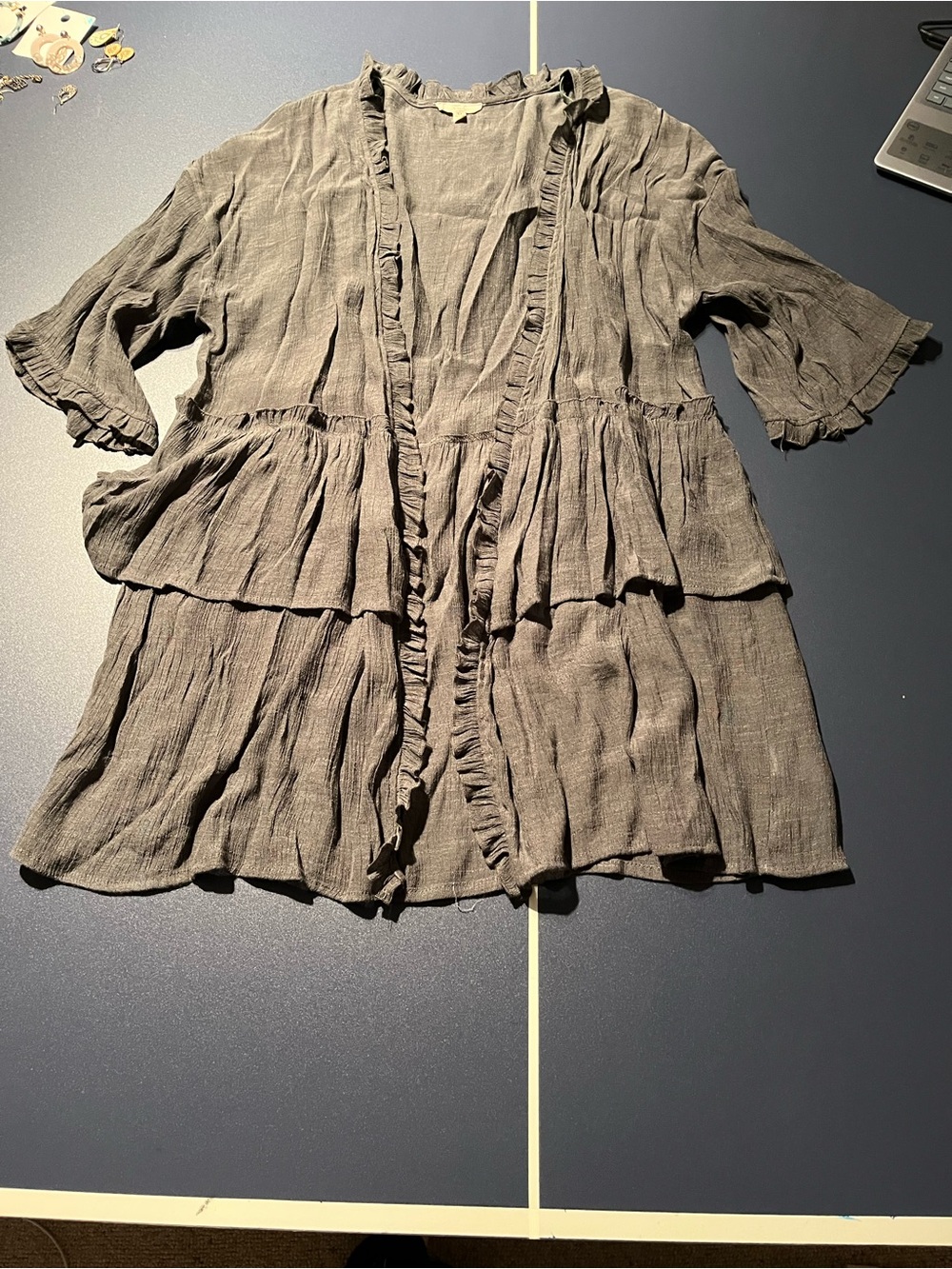 easel Gray Ruffled Tiered Open-Front Kimono